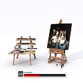 Art Supplies Easel With Painting Of Two Cats Brushes And Paints Stand