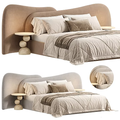 Modern Double Bed With Curved Upholstered Headboard Light Quilt And Decorative Pillows 3d model