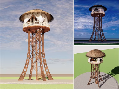 Outdoor Thatched Roof Tower With Metal Structure And Spiral Staircase 3d model