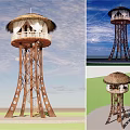 Outdoor Thatched Roof Tower With Metal Structure And Spiral Staircase