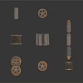 Wooden Spools And Metal Cylinders In Various Sizes Stacked On White Background