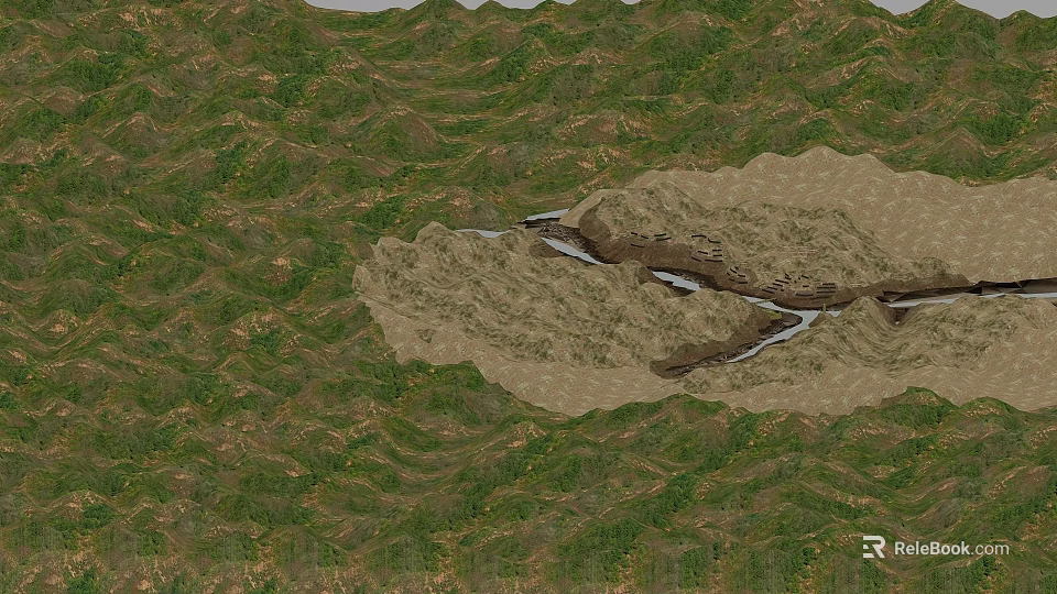 Scenic Landscape Featuring Green Mountains Brown Valley and River Flowing Through 3d model 