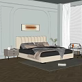 Contemporary Bedroom Interior With Beige Headboard Gray Bedding Decorative Painting And Window Blinds