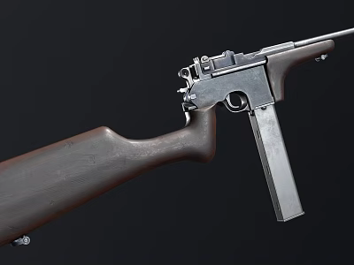 Vintage Submachine Gun With Wooden Stock And Metal Components Detailed Design Isolated On Dark Background 3d model