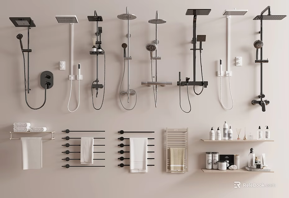 Modern Shower Systems With Wall Mounted Towel Racks And Bathroom Essentials 3d model 