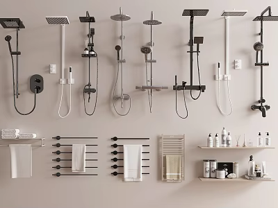Modern Shower Systems With Wall Mounted Towel Racks And Bathroom Essentials 3d model