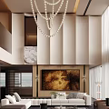 Modern Luxurious Clubhouse Interior With Double-Height Ceiling Chandelier Floor-to-Ceiling Windows Decorative Painting And Sofa
