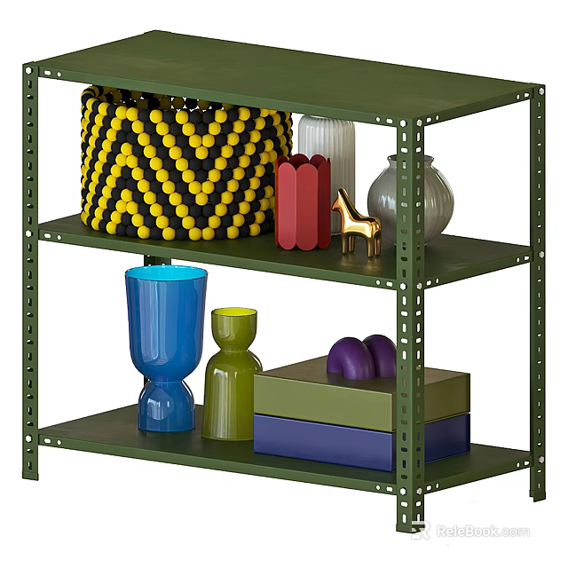 Green Storage Shelf With Decorative Items Storage Basket Vase Cup And Boxes 3d model 