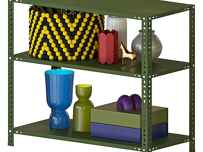 Green Storage Shelf With Decorative Items Storage Basket Vase Cup And Boxes 3d model