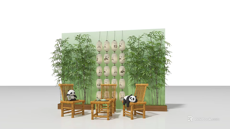 Check-in Photo Spot With Panda Dolls On Bamboo Chairs Bamboo Plants And Green Backdrop Lanterns 3d model 