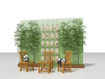 Check-in Photo Spot With Panda Dolls On Bamboo Chairs Bamboo Plants And Green Backdrop Lanterns 3d model
