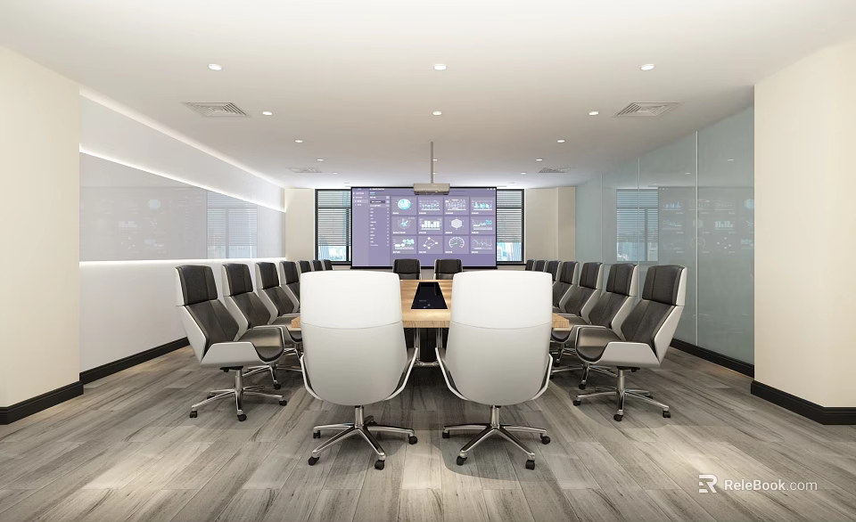 Modern Conference Room Interior With Meeting Table Chairs And Large Screen 3d model