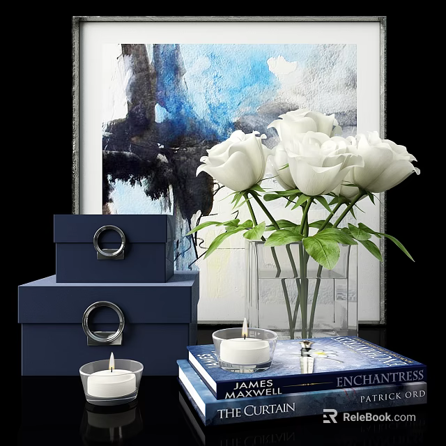 Elegant Decorative Ornament Set With White Roses Clear Vase Blue Boxes Candles And Abstract Painting 3d model 