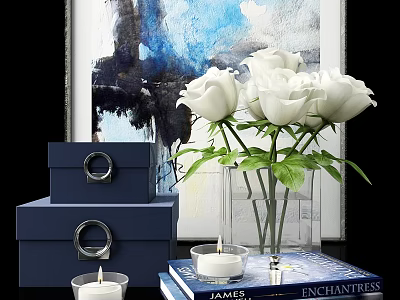 Elegant Decorative Ornament Set With White Roses Clear Vase Blue Boxes Candles And Abstract Painting 3d model
