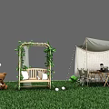Outdoor Garden Dining Setup With Canopy String Lights Wooden Table Chairs And Decorative Plants