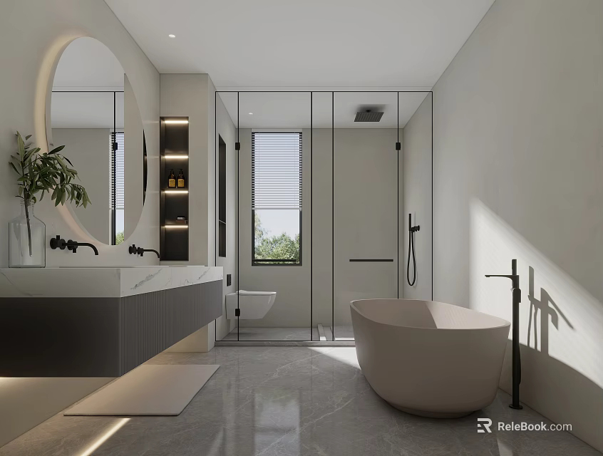 Modern Bathroom With Free Standing Bathtub Vanity Glass Shower Enclosure And Circular Mirror 3d model 