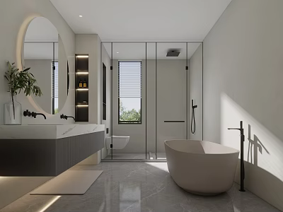 Modern Bathroom With Free Standing Bathtub Vanity Glass Shower Enclosure And Circular Mirror 3d model