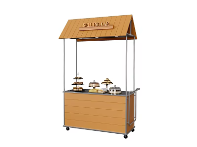 Wooden Mobile Display Cart for Cafe Desserts with Brown Awning and Shelves 3d model
