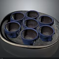 Set Of Six Glazed Blue Ceramic Cups On Decorative Textured Tray For Home Use