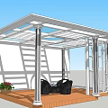 Modern Metal Frame Gazebo with Wooden Floor Black Chairs and Flower Pots