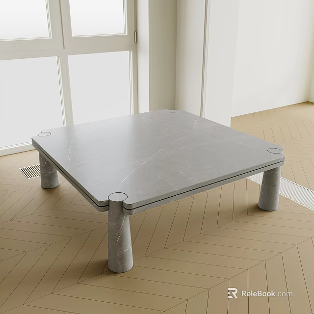 Modern Gray Marble Coffee Table With Cylindrical Legs And Herringbone Floor 3d model