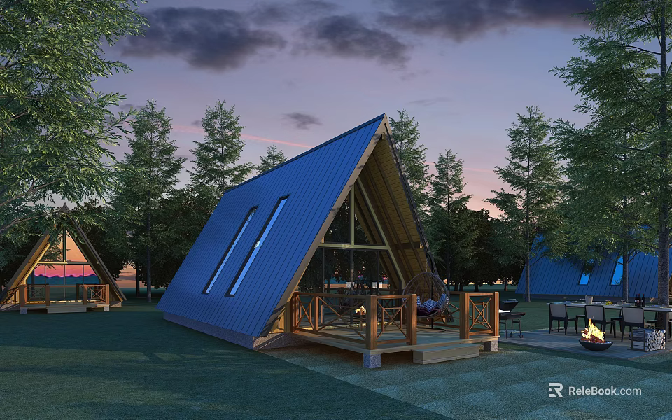 Triangular Wooden House With Blue Roof And Wooden Deck Surrounded By Trees On Green Lawn 3d model 