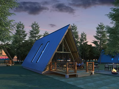 Triangular Wooden House With Blue Roof And Wooden Deck Surrounded By Trees On Green Lawn 3d model