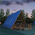 Triangular Wooden House With Blue Roof And Wooden Deck Surrounded By Trees On Green Lawn