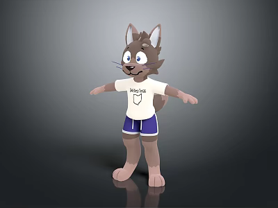 Cute Cat Character 3D Model Wearing White T-Shirt And Blue Shorts 3d model