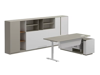 Light Gray Modern Office Desk With Storage Cabinet Open Shelves And Drawers 3d model