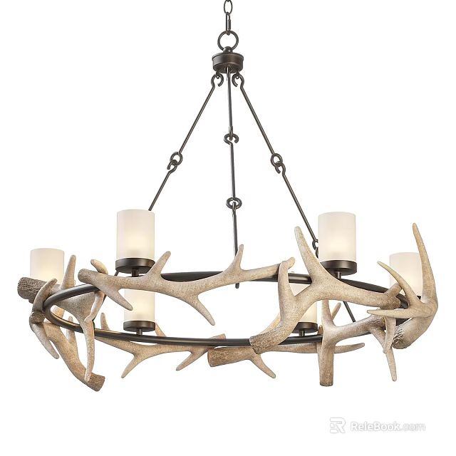 Antler Chandelier With Circular Design And Candle Shaped Lights Hanging By Metal Chains 3d model 