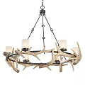 Antler Chandelier With Circular Design And Candle Shaped Lights Hanging By Metal Chains