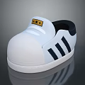 White Slip On Casual Shoes With Black Stripes And Yellow Star Label On Tongue