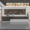 Modern Store Front Counter With Menu Display Screens Shelves Green Plant And Staff Member