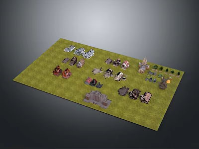 Miniature Building Models Displaying Various Architectural Styles On Green Base With Trees 3d model