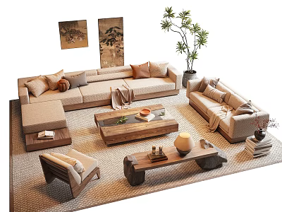 Modern Living Room Sofa and Coffee Table Set With Pillows Carpet Plant and Wall Art 3d model