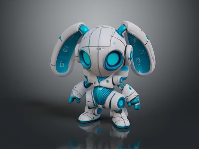 White And Blue Robot Rabbit 3D Model With Large Ears Mechanical Design Standing Pose 3d model