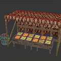 Wooden Fruit Stall With Colorful Canopy And Multi colored Fruit Baskets Plus Wooden Barrel Side