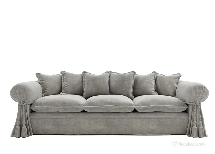Stylish Light Grey Velvet Multi Seater Sofa With Exquisite Tassel Details And Cozy Throw Pillows 3d model 