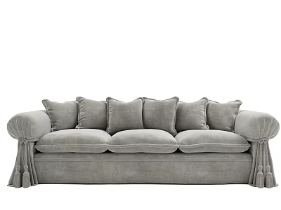 Stylish Light Grey Velvet Multi Seater Sofa With Exquisite Tassel Details And Cozy Throw Pillows 3d model