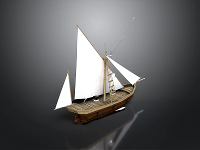Sailing Boat Model With White Sails Wooden Hull And Mast Structure 3d model