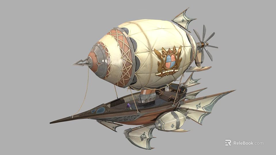 Fantasy Airship With White Balloon Decorative Emblem Propeller And Base Structure 3d model 