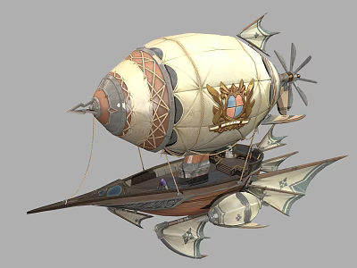 Fantasy Airship With White Balloon Decorative Emblem Propeller And Base Structure 3d model