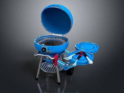Blue Portable Outdoor Grill With Open Lid Wheels Stand And Metal Grate 3d model