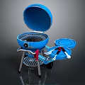 Blue Portable Outdoor Grill With Open Lid Wheels Stand And Metal Grate