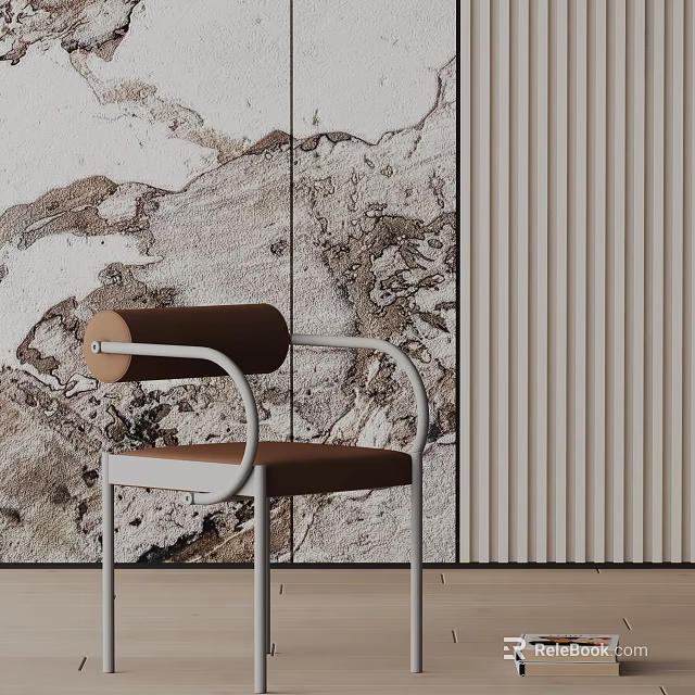 Dining Chair With Brown Cushion And White Frame Against Marble Texture And Vertical Striped Walls 3d model 