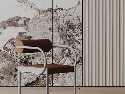 Dining Chair With Brown Cushion And White Frame Against Marble Texture And Vertical Striped Walls 3d model