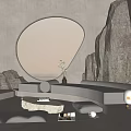 Natural Style Living Room With Circular Window Rock Wall Curved Sofa And Stone Coffee Table