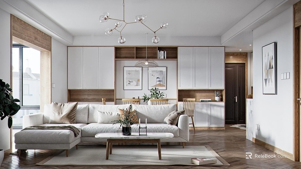 Modern Living Dining Area With Sofa Chandelier Artworks And Cabinets 3d model 