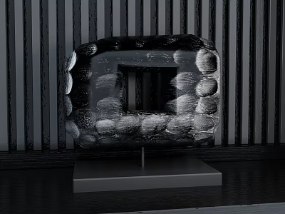 Black Decorative Ornament Set with Bubble Texture on Base Stand and Dark Striped Wall 3d model